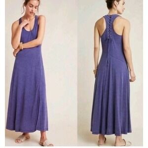 Maeve Anthropologie L Blue‎ Melanie Maxi Dress Lace-Up Coastal Chic Boho Cottage